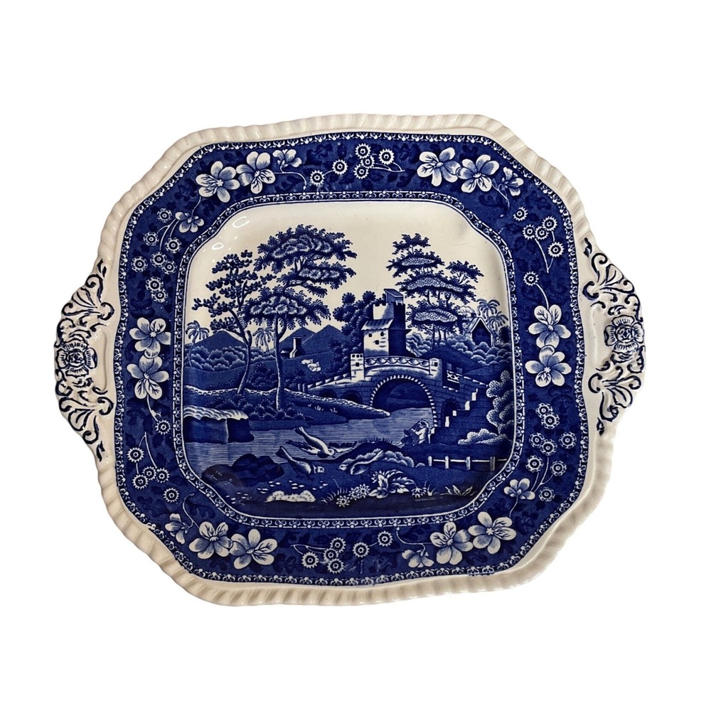 Spode England Blue Tower Square Cake Serving‎ Plater Handles Cottagecore Luxury